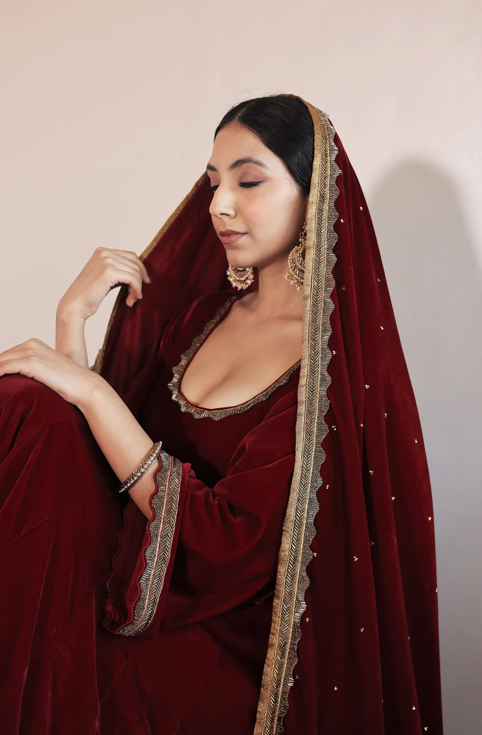 Begum Red Velvet Anarkali Set