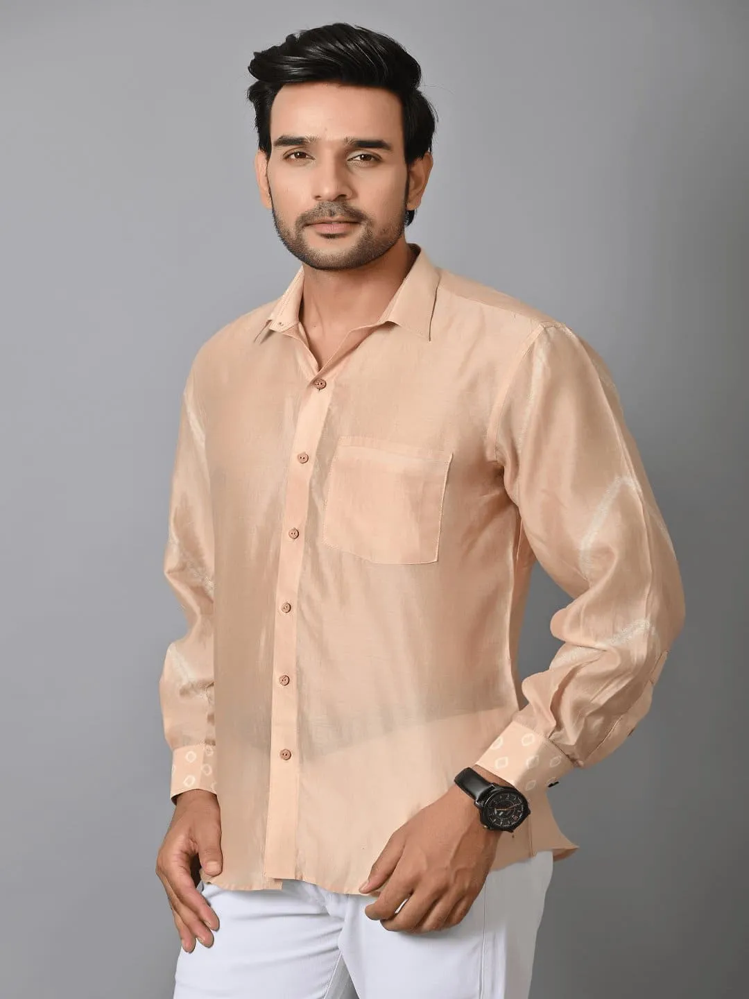 Beige Pure Silk Men Bandhej Shirt