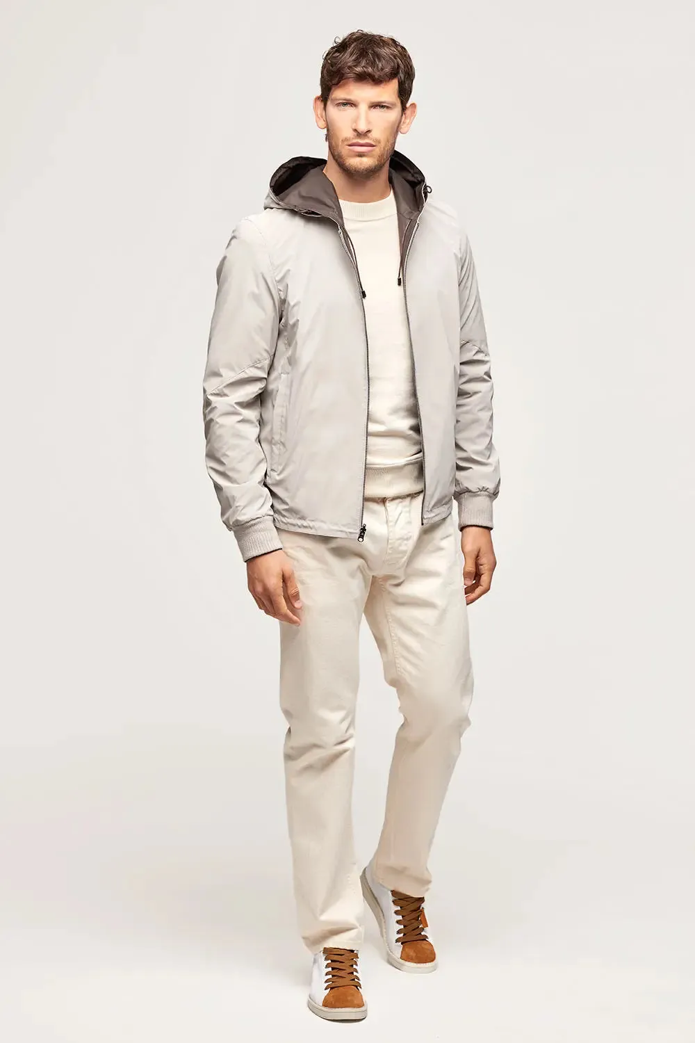 Brown leather jacket with hood