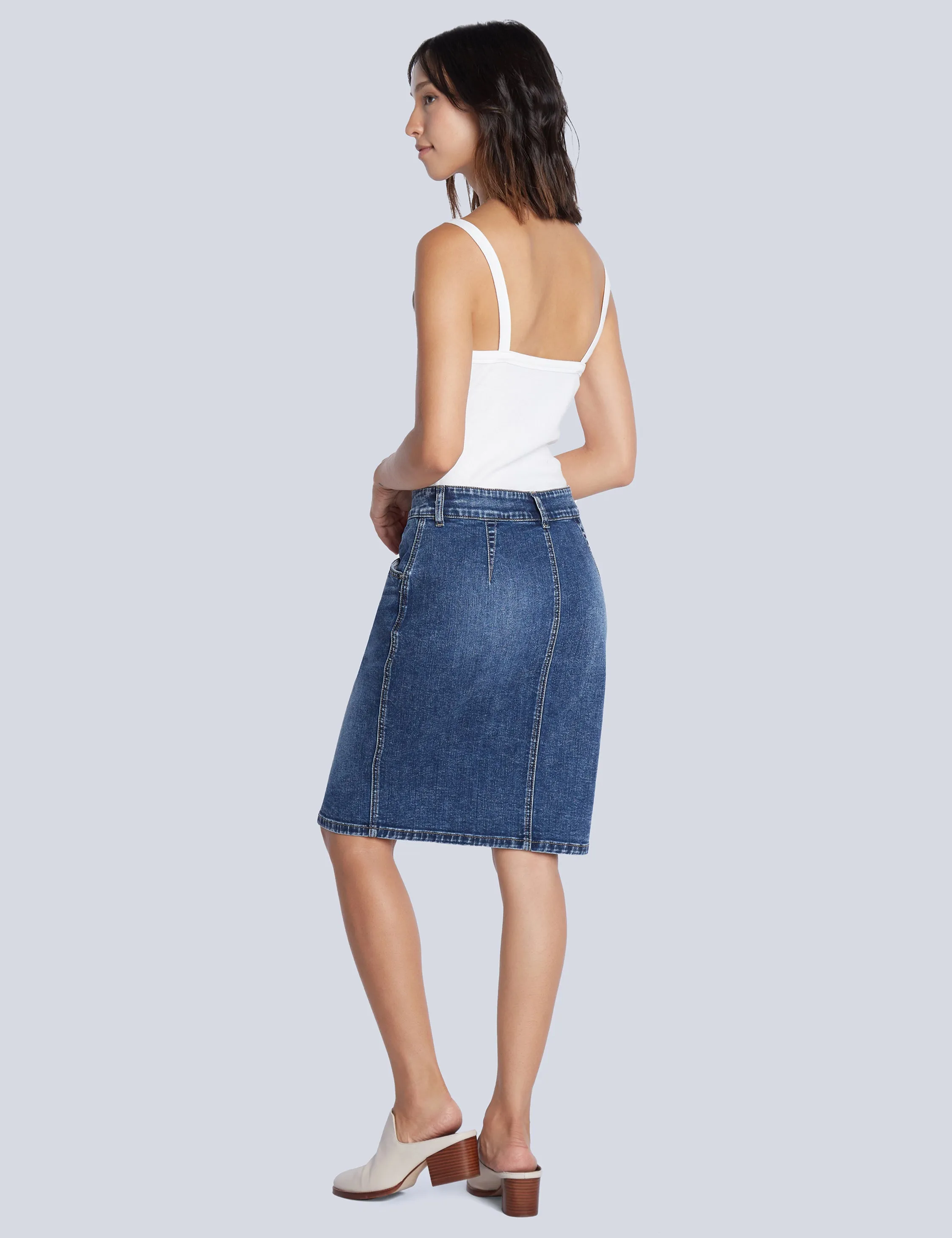 Button Front Denim Knee Skirt