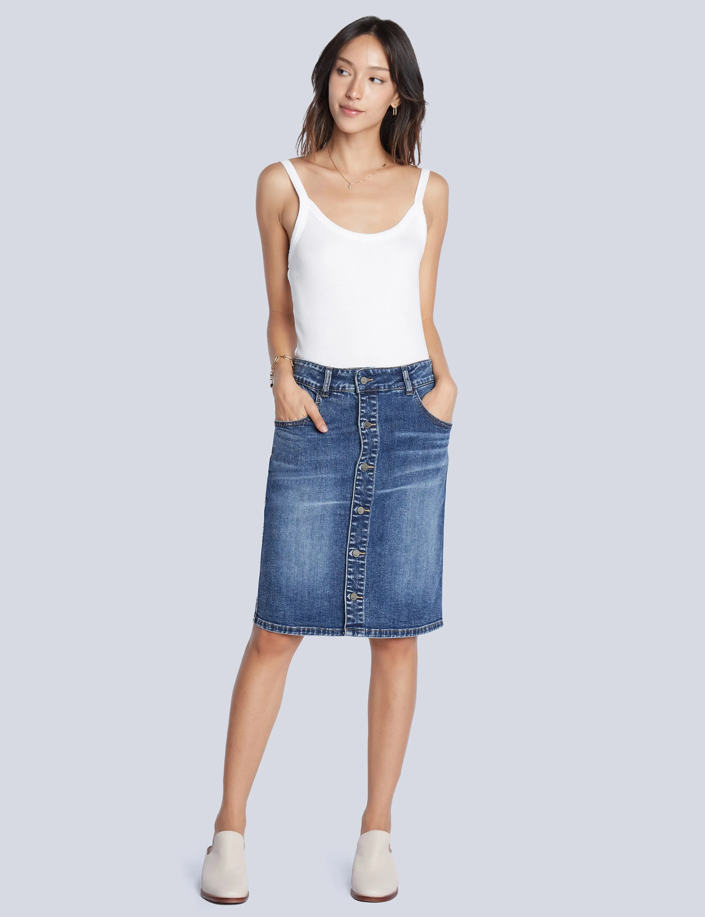 Button Front Denim Knee Skirt