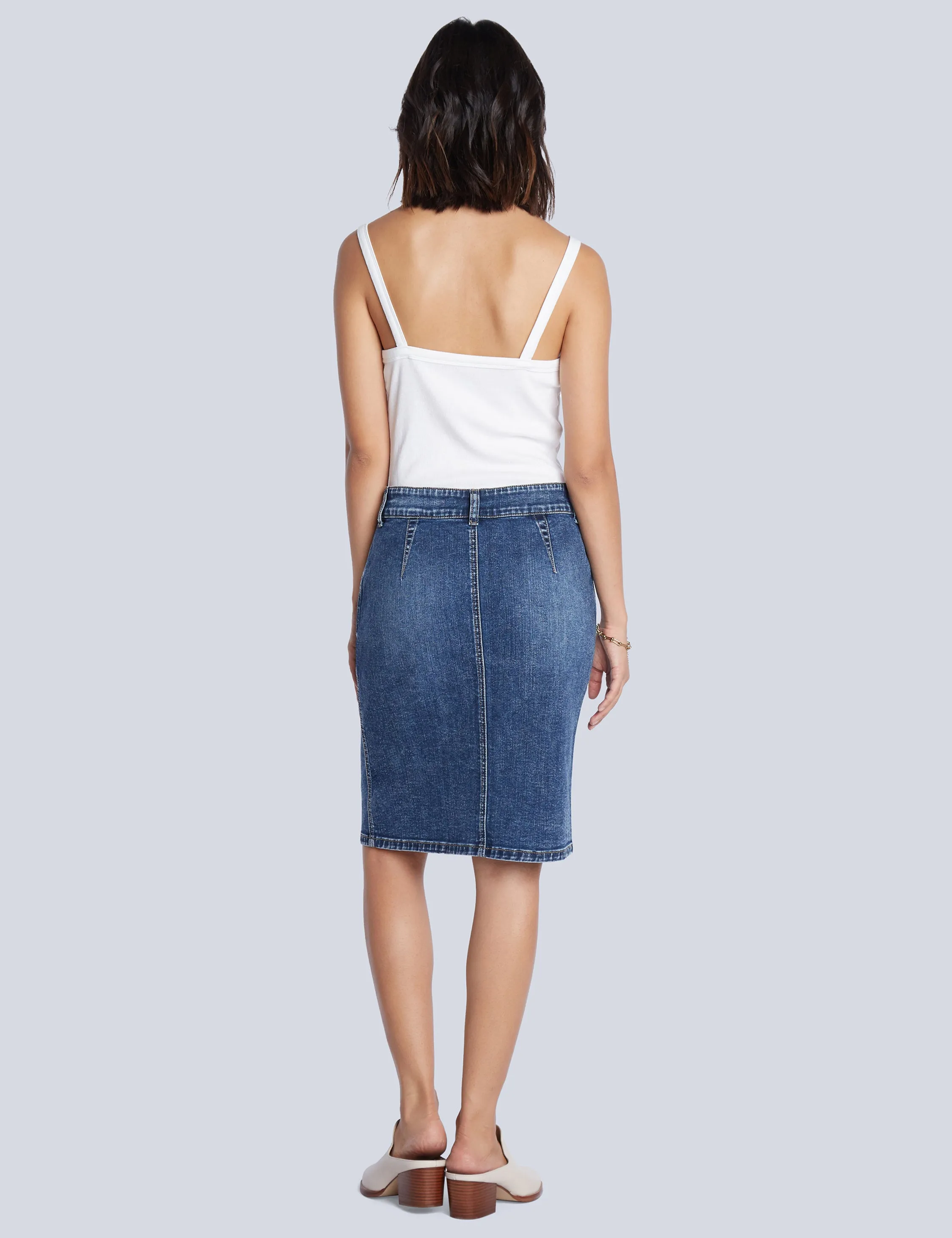Button Front Denim Knee Skirt