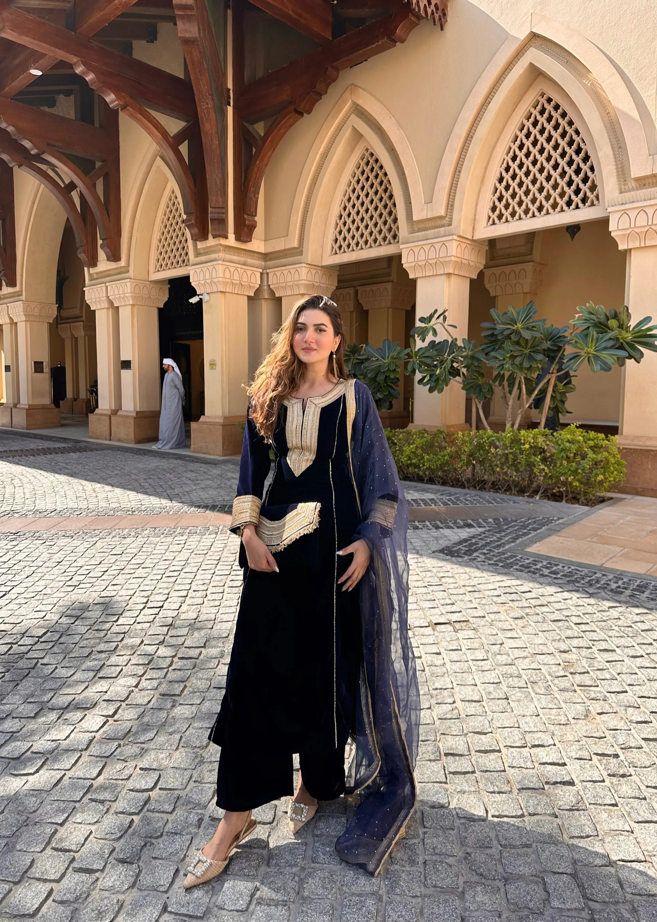 Deviya Singh Choudhary In Zoya Blue Velvet A-Line Suit Set
