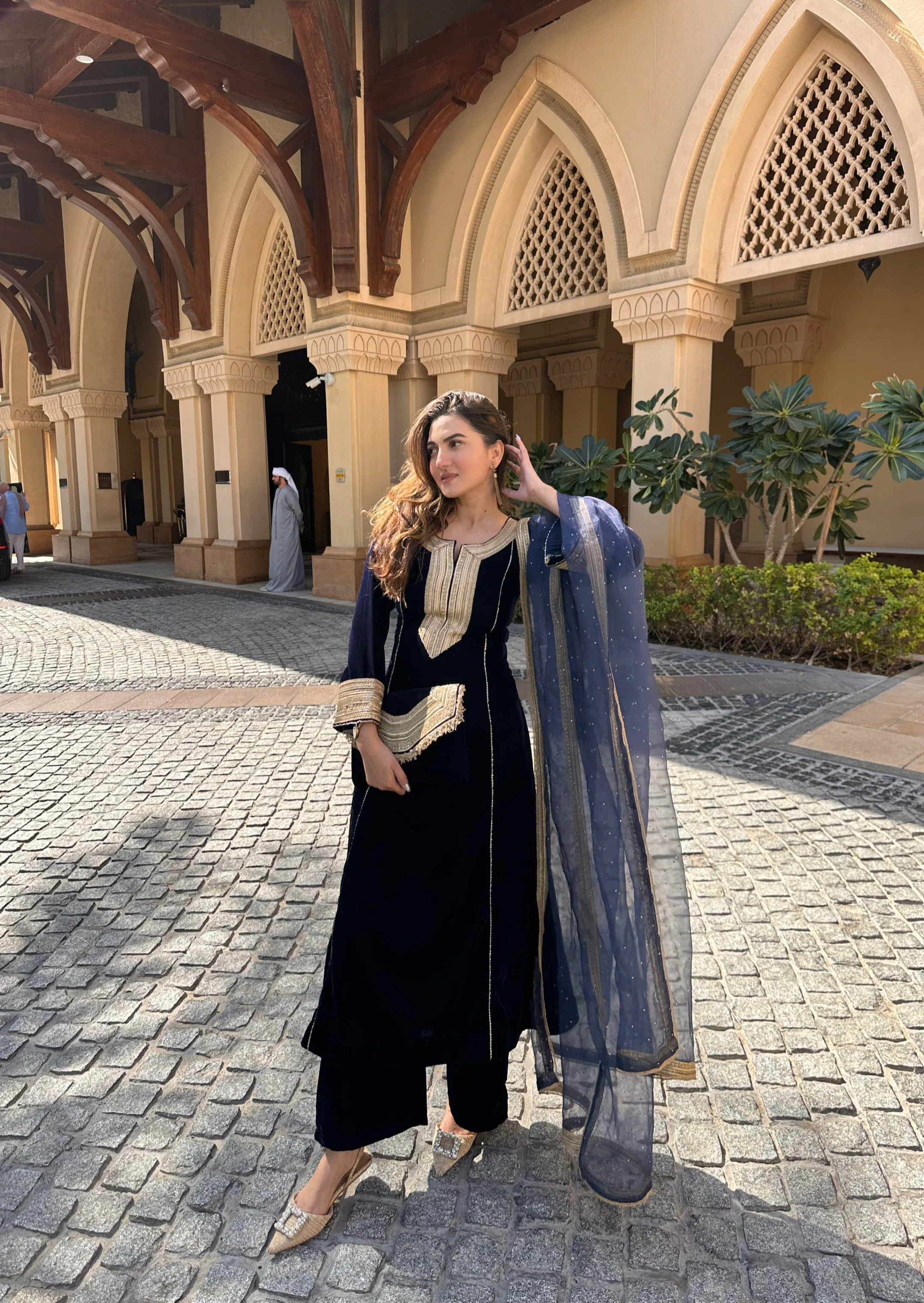 Deviya Singh Choudhary In Zoya Blue Velvet A-Line Suit Set