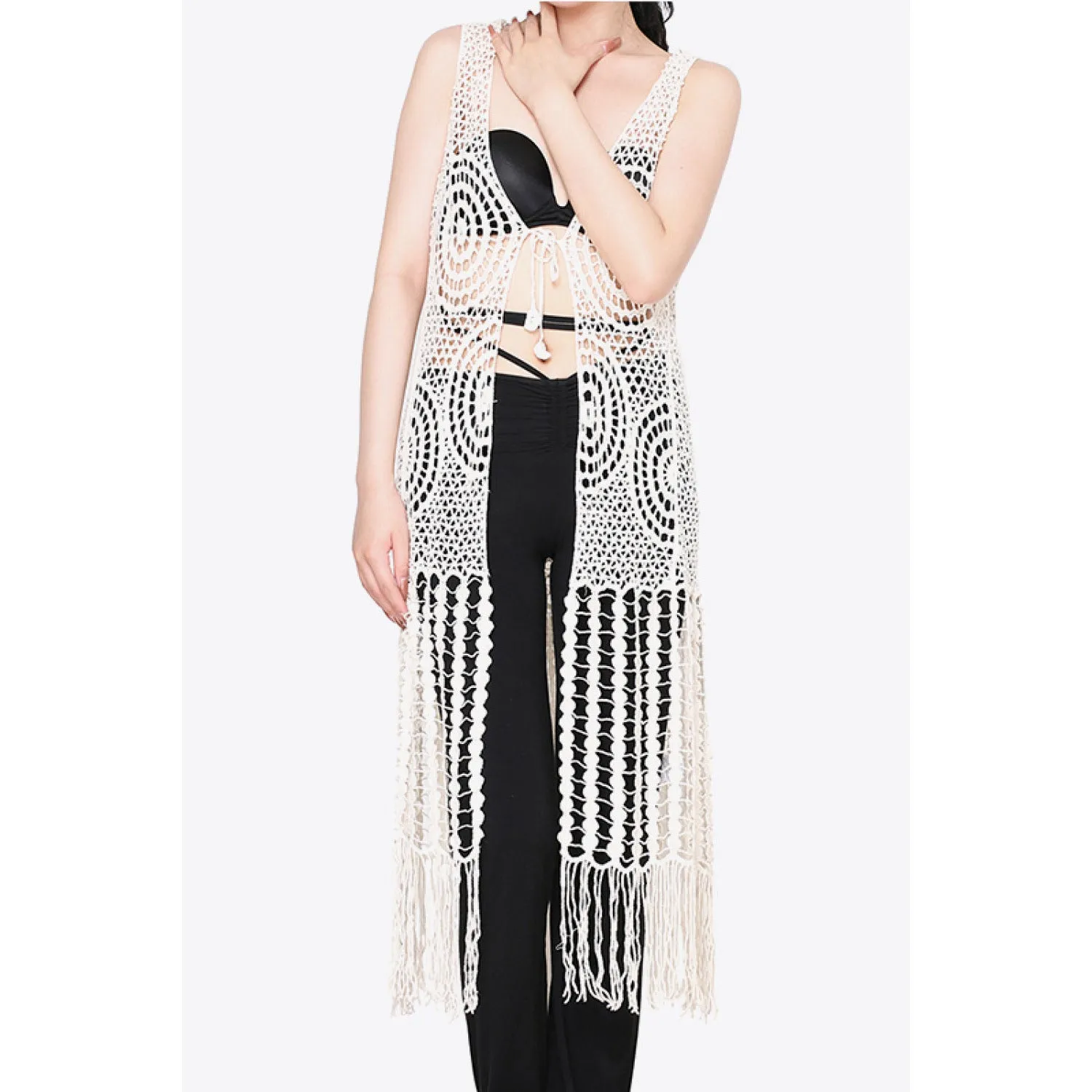 Tie Front Fringe Hem Sleeveless Cover Up